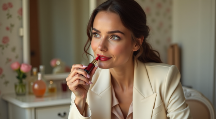 Femme élégante appliquant du rouge à lèvres dans dressing