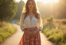 Femme debout en plein air avec jupe bohème et lumière naturelle