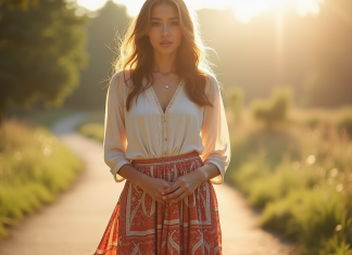 Conseils de style pour adopter la jupe bohème avec élégance Femme debout en plein air avec jupe bohème et lumière naturelle