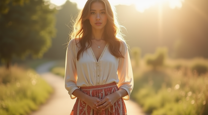 Femme debout en plein air avec jupe bohème et lumière naturelle