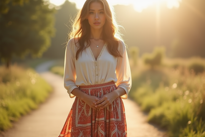 Femme debout en plein air avec jupe bohème et lumière naturelle