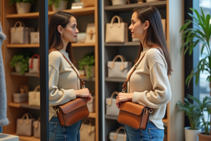 Femme dans une boutique compare deux sacs à main