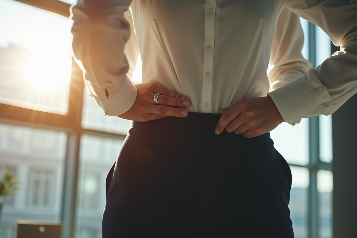 Femme en tenue de bureau ajustant sa taille avec ceinture