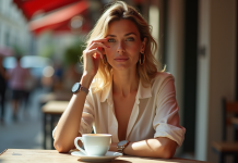 Femme élégante au café portant une montre stylée