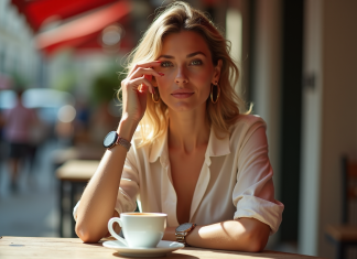 Femme élégante au café portant une montre stylée