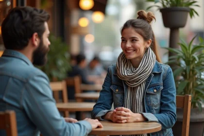 Jeune femme souriante en denim dans un café urbain
