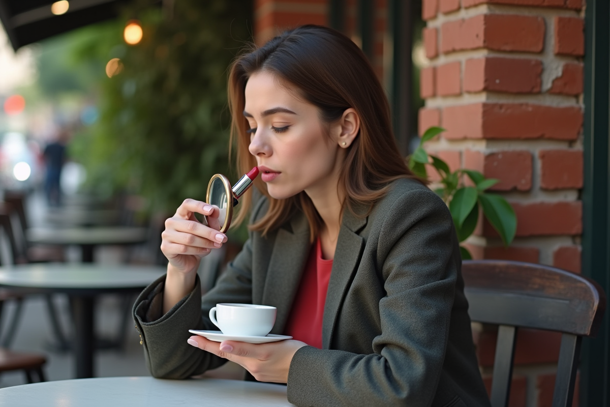Jeune femme au café vérifiant son lipstick dans un miroir compact