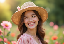 Jeune femme portant un chapeau de paille sourit dans un jardin en fleurs