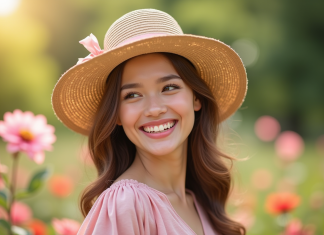 Jeune femme portant un chapeau de paille sourit dans un jardin en fleurs