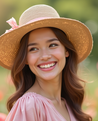 Jeune femme portant un chapeau de paille sourit dans un jardin en fleurs