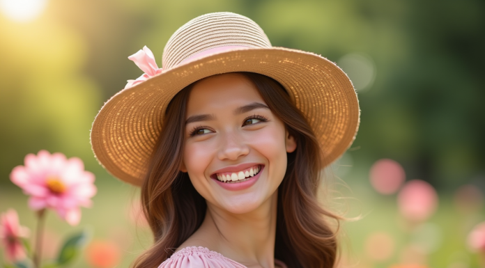 Jeune femme portant un chapeau de paille sourit dans un jardin en fleurs