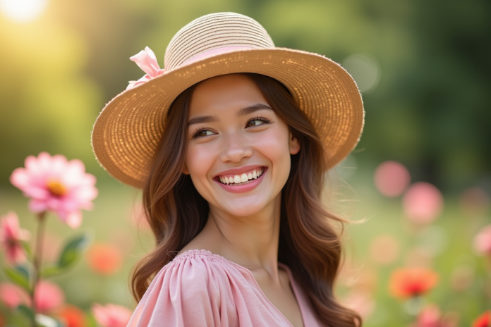 femme-chapeau-de-paille-fleurs Jeune femme portant un chapeau de paille sourit dans un jardin en fleurs