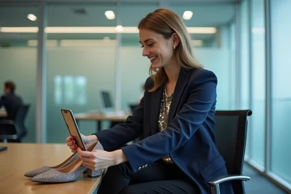 Femme élégante en blazer navy et talons brillants au bureau