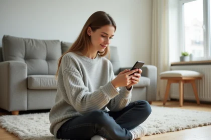 Femme consultant un convertisseur de pointure de chaussure sur smartphone assis sur un parquet en bois