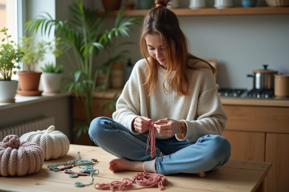 Jeune femme faisant un bracelet macrame dans sa cuisine