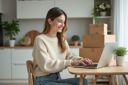 Femme souriante utilisant son ordinateur dans la cuisine