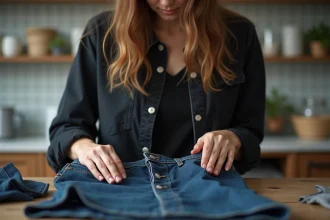 Femme inspectant un jean noir fraîchement teint dans un atelier