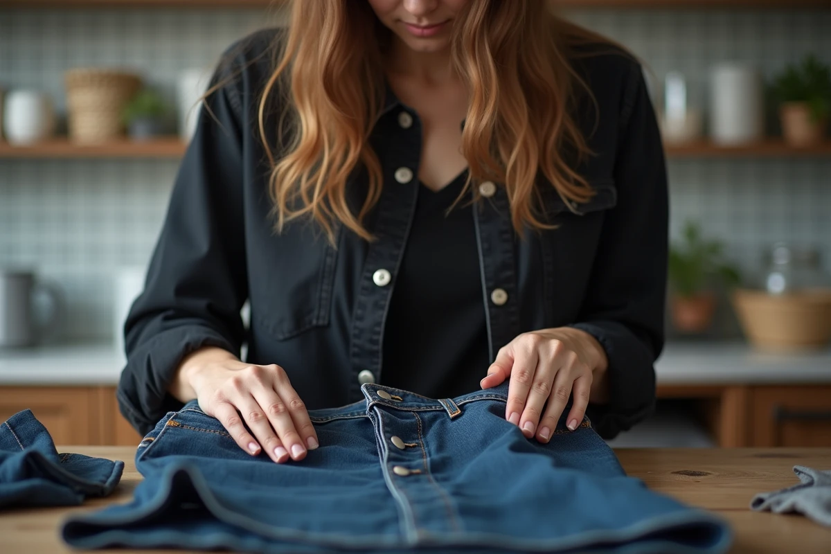 Femme inspectant un jean noir fraîchement teint dans un atelier