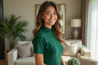 Femme élégante en robe verte dans un salon lumineux