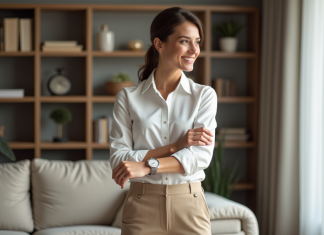 Femme élégante ajustant sa montre en intérieur