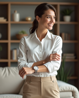 Femme élégante ajustant sa montre en intérieur
