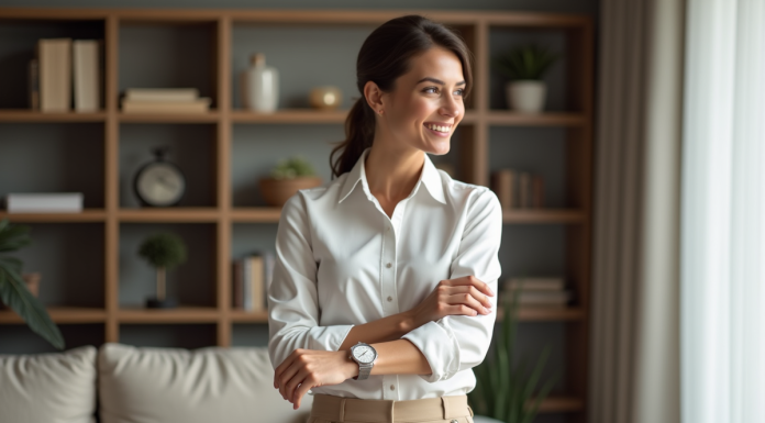 Femme élégante ajustant sa montre en intérieur