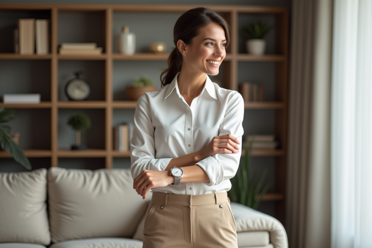 Femme élégante ajustant sa montre en intérieur