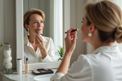 Femme élégante appliquant du rouge à lèvres dans sa salle de bain