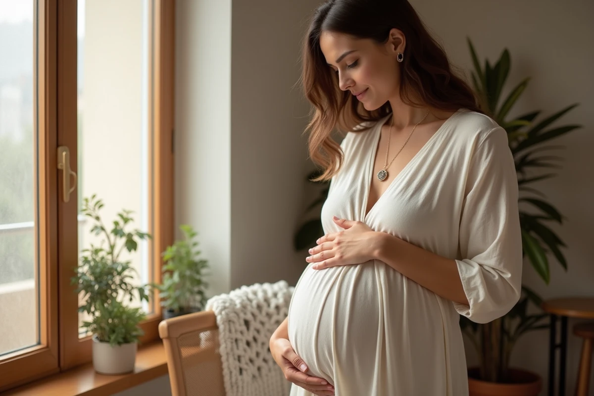 Femme enceinte tenant un bola de grossesse artisanal contre son ventre arrondi dans une pièce chaleureuse