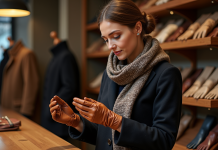 Femme essayant des gants en cuir dans une boutique élégante