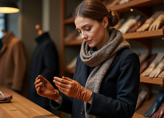 Gants en cuir : comment choisir des gants chauds pour l’hiver ? Femme essayant des gants en cuir dans une boutique élégante