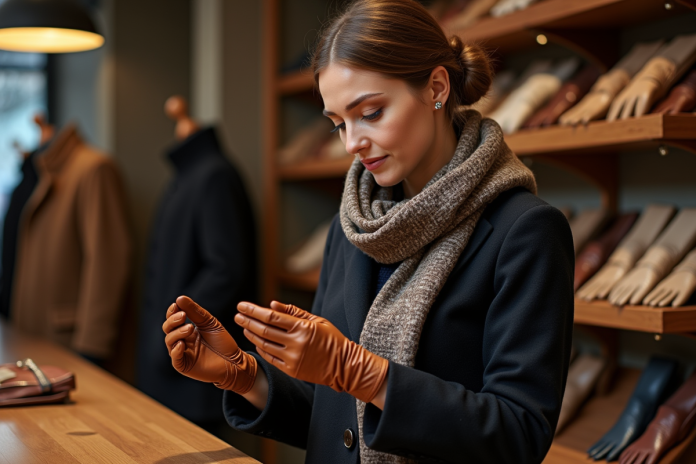 Femme essayant des gants en cuir dans une boutique élégante