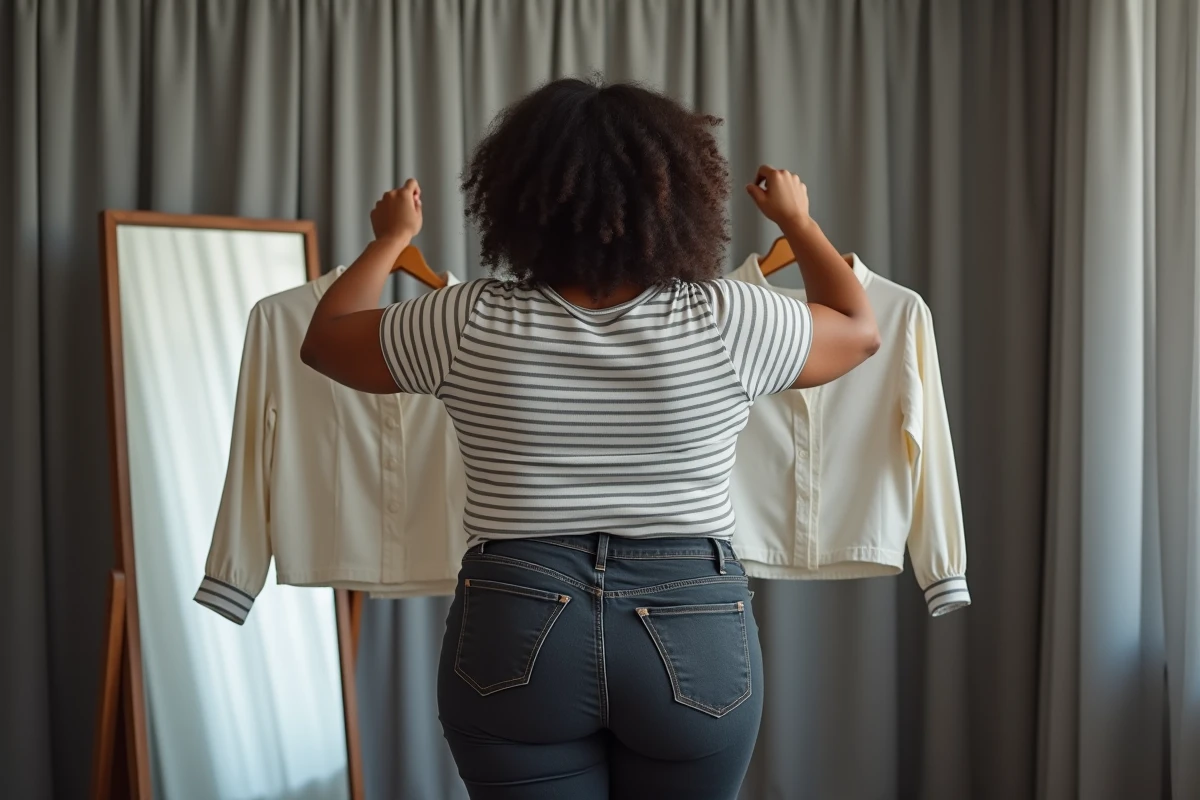 Femme grande taille comparant deux blouses devant un miroir en pied dans un espace d'essayage minimaliste