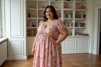 Femme grande taille portant une robe mi-longue à fleurs bien ajustée, posant avec assurance dans un appartement parisien lumineux
