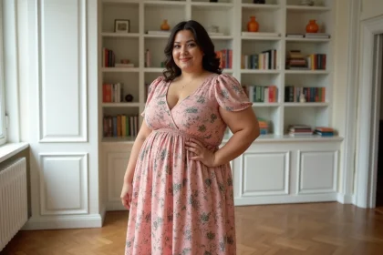 Femme grande taille portant une robe mi-longue à fleurs bien ajustée, posant avec assurance dans un appartement parisien lumineux