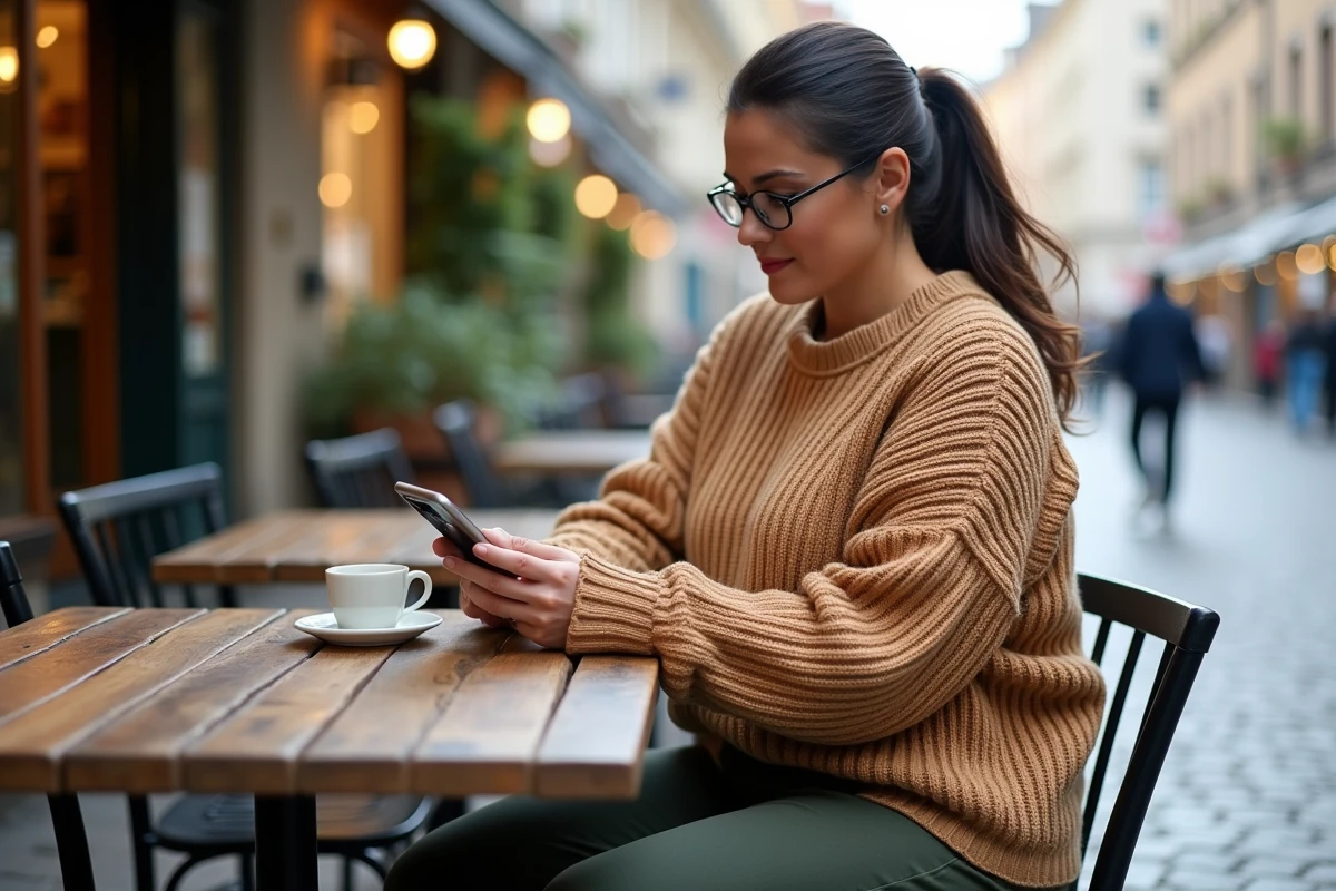 Femme ronde en pull côtelé oversize et pantalon large consultant une application de mode en terrasse de café