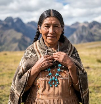 La symbolique et l’élégance des bijoux amérindiens en argent et pierres semi-précieuses Femme indigène en robe brodee et collier turquoise