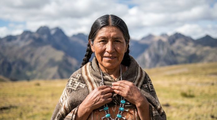 Femme indigène en robe brodee et collier turquoise