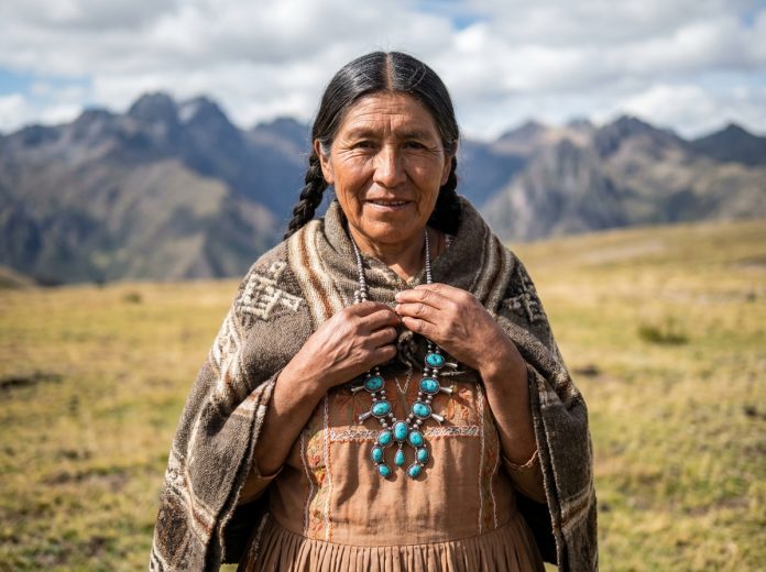 femme-indigene-traditionnelle Femme indigène en robe brodee et collier turquoise