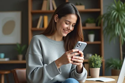 Jeune femme souriante avec iPhone 15 Pro dans un bureau cosy