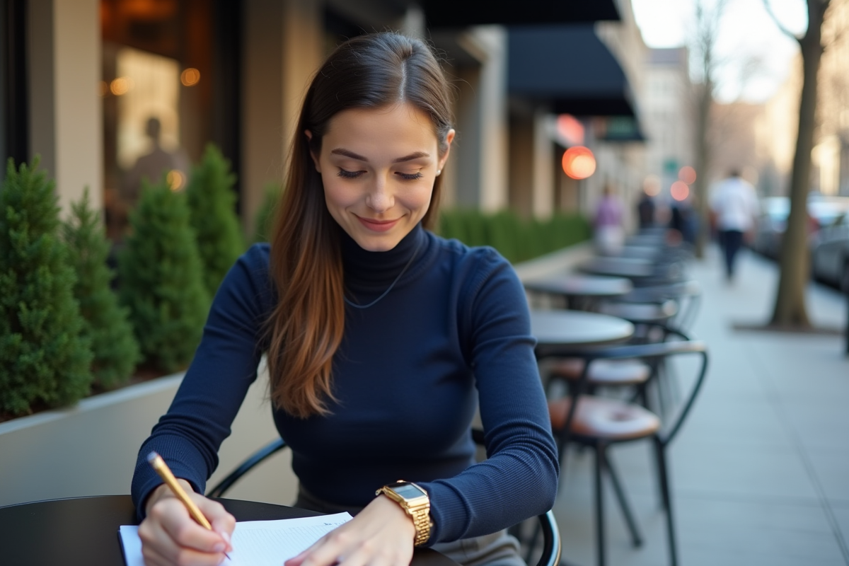 Jeune femme au café regardant sa montre en extérieur