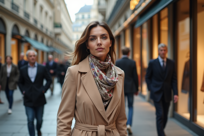 Femme élégante marchant dans une rue chic de luxe