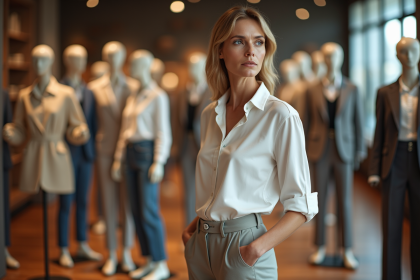 Femme élégante parmi mannequins en boutique