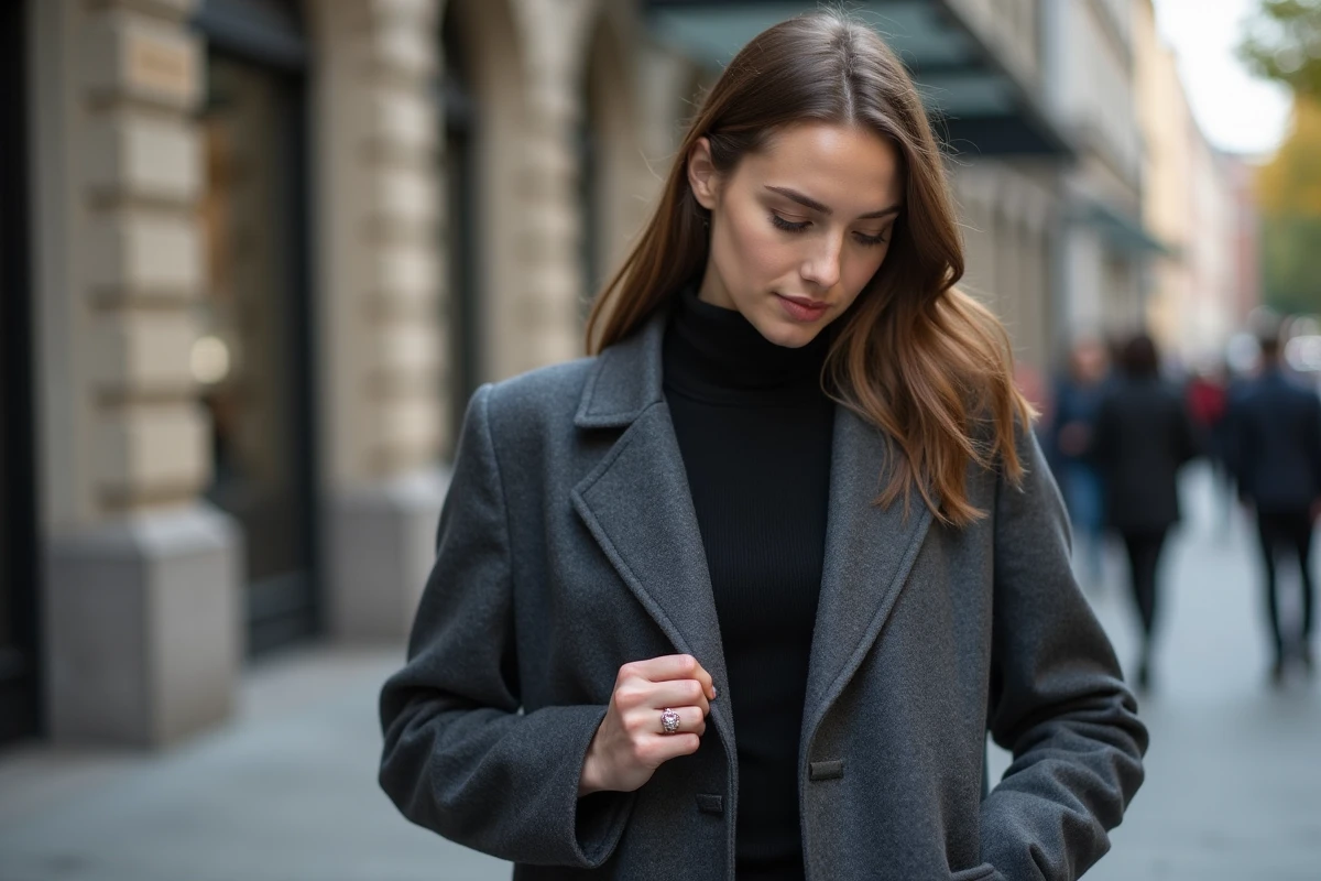 Jeune femme en manteau sur un trottoir urbain