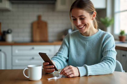 Femme en cuisine utilisant une application pour mesurer son doigt