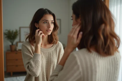 Femme regardant son reflet dans le miroir en contemplant ses cheveux