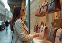 Femme élégante dans la ville choisissant un sac à main