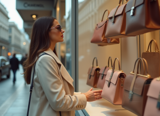 Femme élégante dans la ville choisissant un sac à main