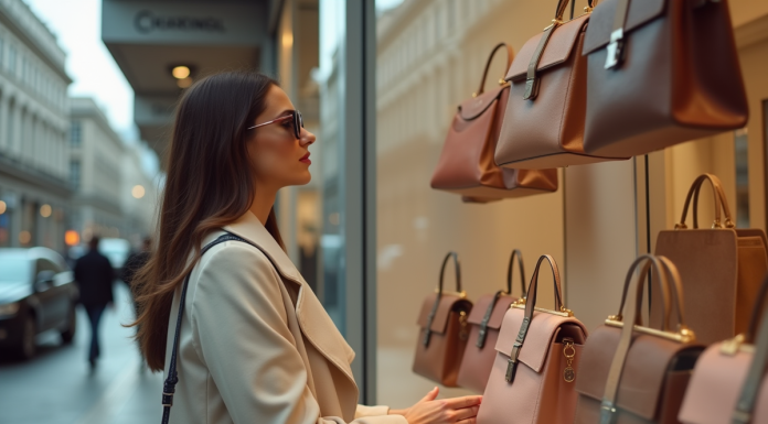 Femme élégante dans la ville choisissant un sac à main