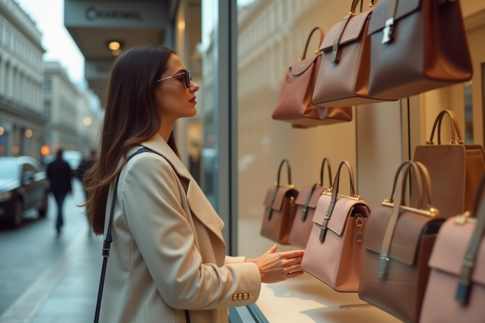 femme-mode-ville-sacs Femme élégante dans la ville choisissant un sac à main
